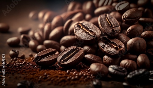 Roasted coffee beans and coffee crumbs as a background