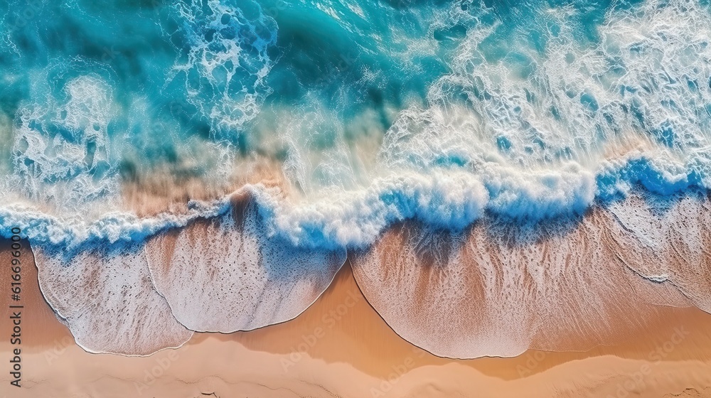 Obraz premium Blue sea sandy beach. Ocean waves on the beach as a background. Beautiful natural summer vacation holidays background. Aerial top down view of beach and sea with blue water waves. generative ai
