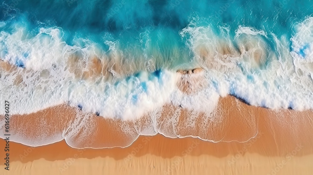 Blue sea sandy beach. Ocean waves on the beach as a background. Beautiful natural summer vacation holidays background. Aerial top down view of beach and sea with blue water waves. generative ai