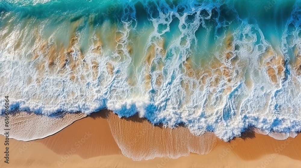 Blue sea sandy beach. Ocean waves on the beach as a background. Beautiful natural summer vacation holidays background. Aerial top down view of beach and sea with blue water waves. generative ai