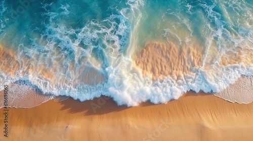 Blue sea sandy beach. Ocean waves on the beach as a background. Beautiful natural summer vacation holidays background. Aerial top down view of beach and sea with blue water waves. generative ai