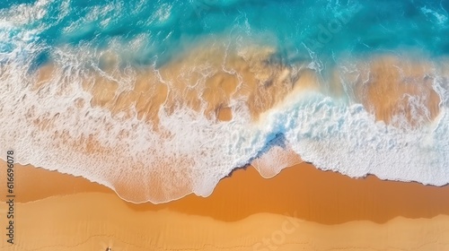 Blue sea sandy beach. Ocean waves on the beach as a background. Beautiful natural summer vacation holidays background. Aerial top down view of beach and sea with blue water waves. generative ai © megavectors