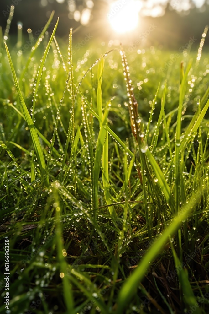 dewdrops on fresh green grass at sunrise, created with generative ai