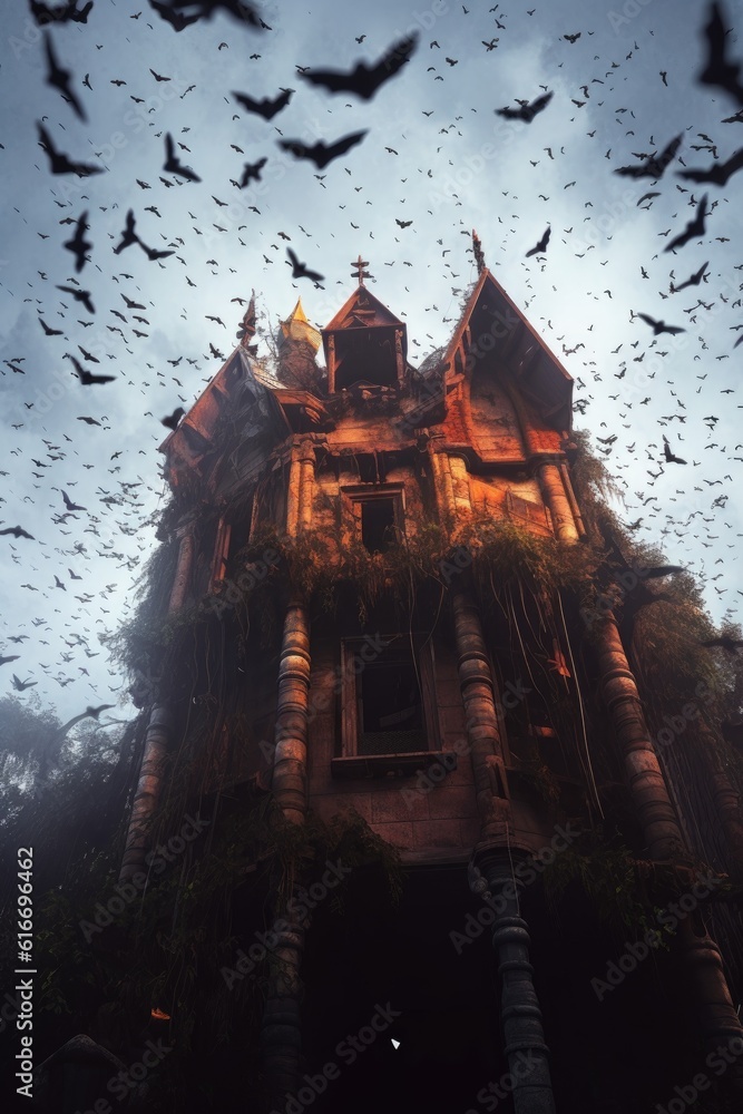 creepy abandoned haunted house with bats flying around, created with generative ai creepy abandoned haunted house with bats flying around, created with generative ai