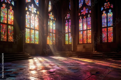 sunlight streaming through colorful stained-glass windows, created with generative ai