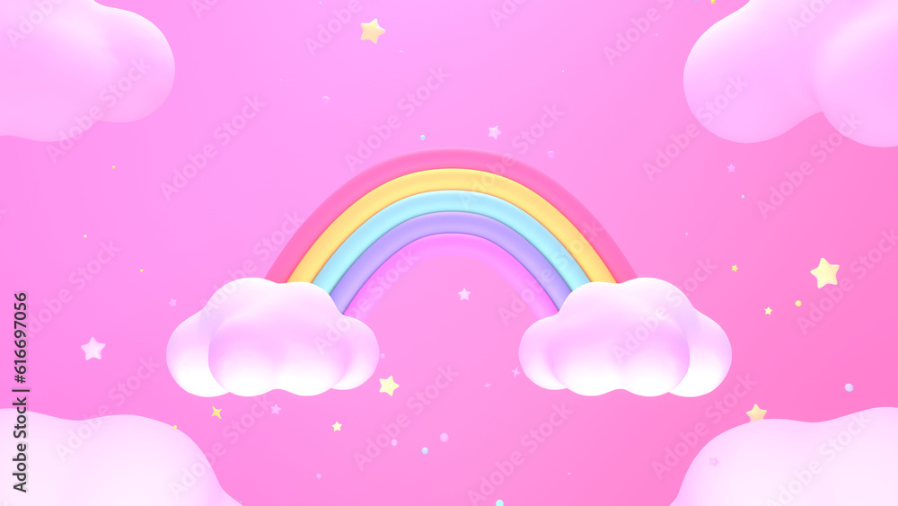 3d rendered cartoon rainbow, stars, and clouds in the pink sky.