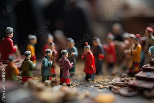 Chinese New Year Diorama. Celebration of national holiday in traditional style. Miniature people on old street with lanterns created with Generative AI Technology