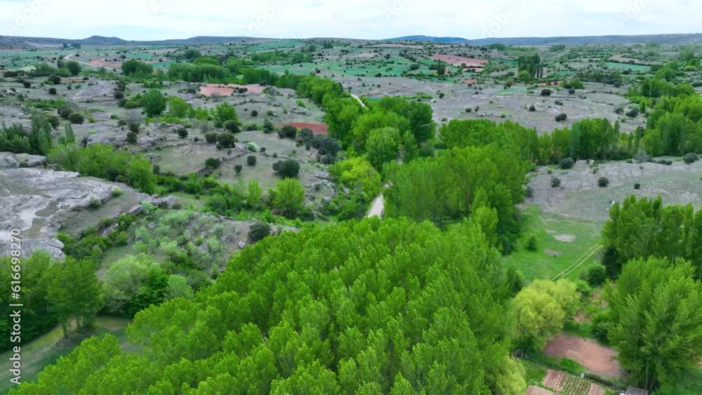 Dovecotes and landscape and in the surroundings of the town of Yelo seen from a drone in the region of Arcos de Jalón. Soria Province. Castile and Leon. Spain. Europe Dovecotes and landscape and in the surroundings of the town of Yelo seen from a drone in the region of Arcos de Jalón. Soria Province. Castile and Leon. Spain. Europe