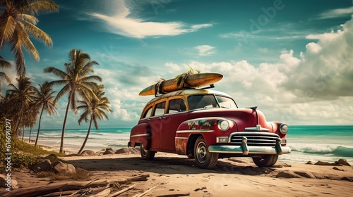 Fotografia, Obraz a car with surfboard on top on a beach. Generative AI Art.