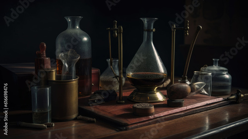 Alchemical table. Equipment and decorations of magician and sorcerer for chemistry. Table with magic glass bottles. Retro vintage vintage medical office created with Generative AI Technology