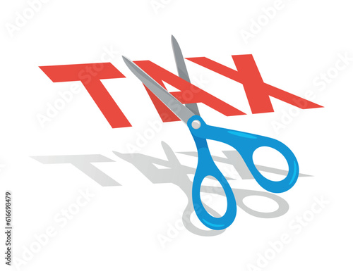 Scissors cutting big tax letter on white background, t shirt, illustration vector cartoon