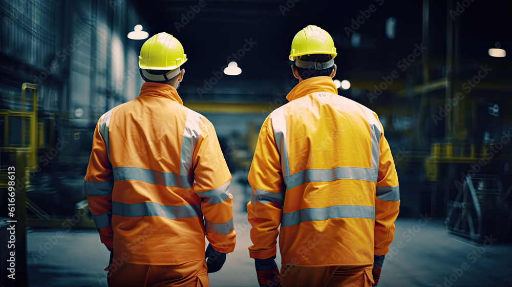 Two industrial workers in orange uniform. Technical employee wearing a helmet, Rear view. Industrial or manufacturing urban building, created with Generative AI Technology Two industrial workers in orange uniform. Technical employee wearing a helmet, Rear view. Industrial or manufacturing urban building, created with Generative AI Technology