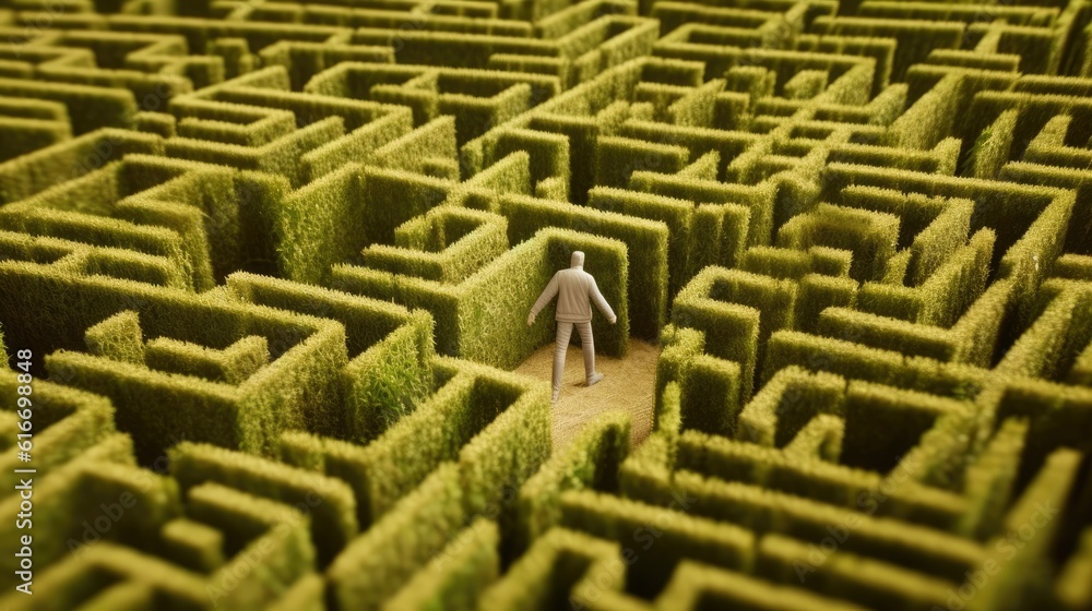 Man in maze. Businessman lost in labyrinth. Finding way. Problem solving, making decision, finding solution and challenger concept created with Generative AI Technology