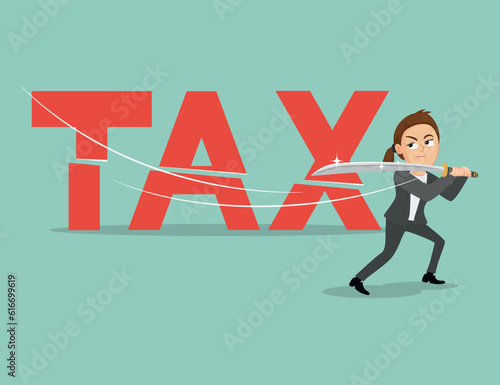Businesswoman cut big tax letter with Sword, illustration vector cartoon