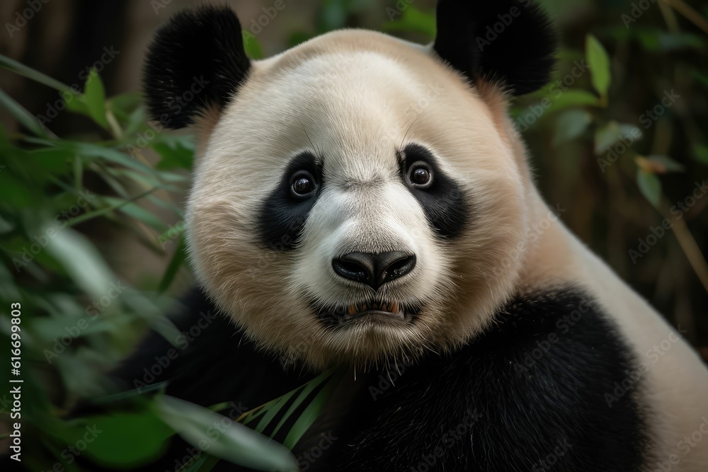 Fototapeta premium Giant panda close up portrait in bamboo forest