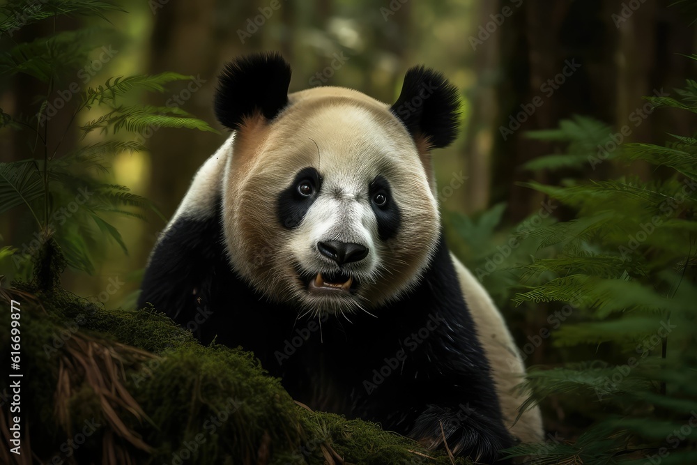 Fototapeta premium giant panda cub eating bamboo stalk in forest