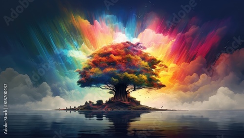 Abstract painting of an island tree silhouette