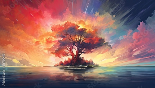 Abstract painting of an island tree silhouette