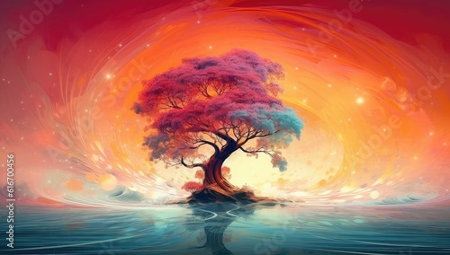 Abstract painting of an island tree silhouette
