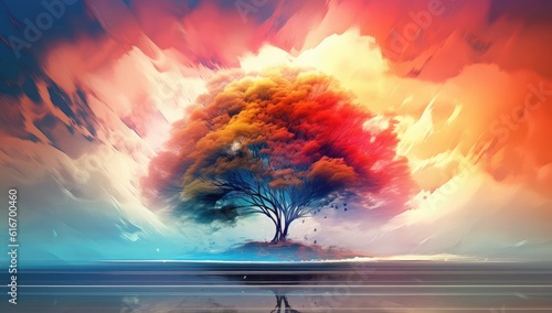 Abstract painting of an island tree silhouette