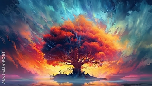 Abstract painting of an island tree silhouette