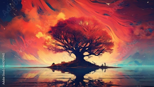 Abstract painting of an island tree silhouette