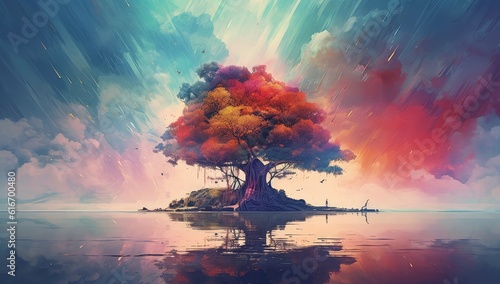 Abstract painting of an island tree silhouette