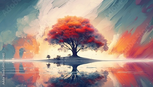 Abstract painting of an island tree silhouette