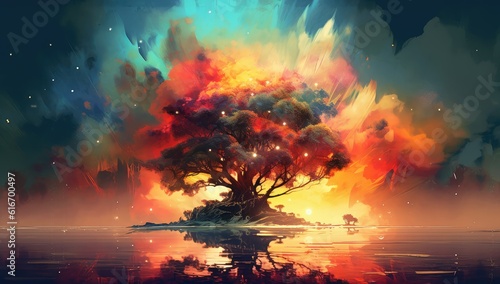 Abstract painting of an island tree silhouette