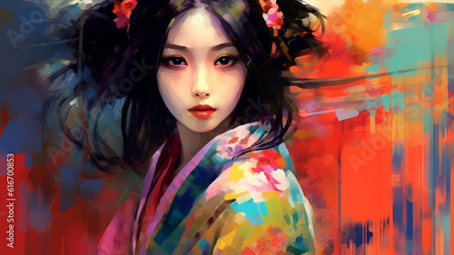 Portrait painting of a Japanese model in kimono, for advertising, beauty salons and massage studios © HelgaQ
