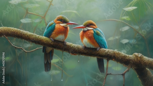 realistic scene of birds perched on tree branches, singing their melodious tunes. oil paints to create a rich texture that brings out the subtle details of their feathers photo