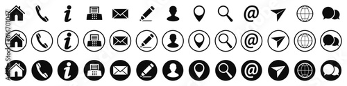 Set contact us icons, collection communication contact signs: home, call, info, fax, message, address, write, user, location, search, mail, send, globe, website, chat - stock vector