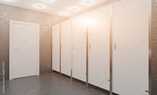 Clean public toilet room empty with wooden partition. 3D rendering.. Sunset.