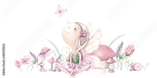 Hand painted cute fairy in flowers. watercolor illustration.