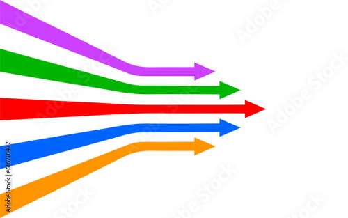 Sets of colorful arrows forward, concept of business leadership and following, leadership success business concept, many arrows in the middle forming straight path, plan, courage, new thinking