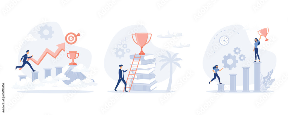 Continuous self development even after success, Inspiration for success. Banner ideas startup business to success, set flat vector modern illustration