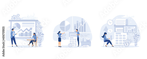 Characters manage finances. managing financial income, consulting with accountant. flat  vector modern illustration