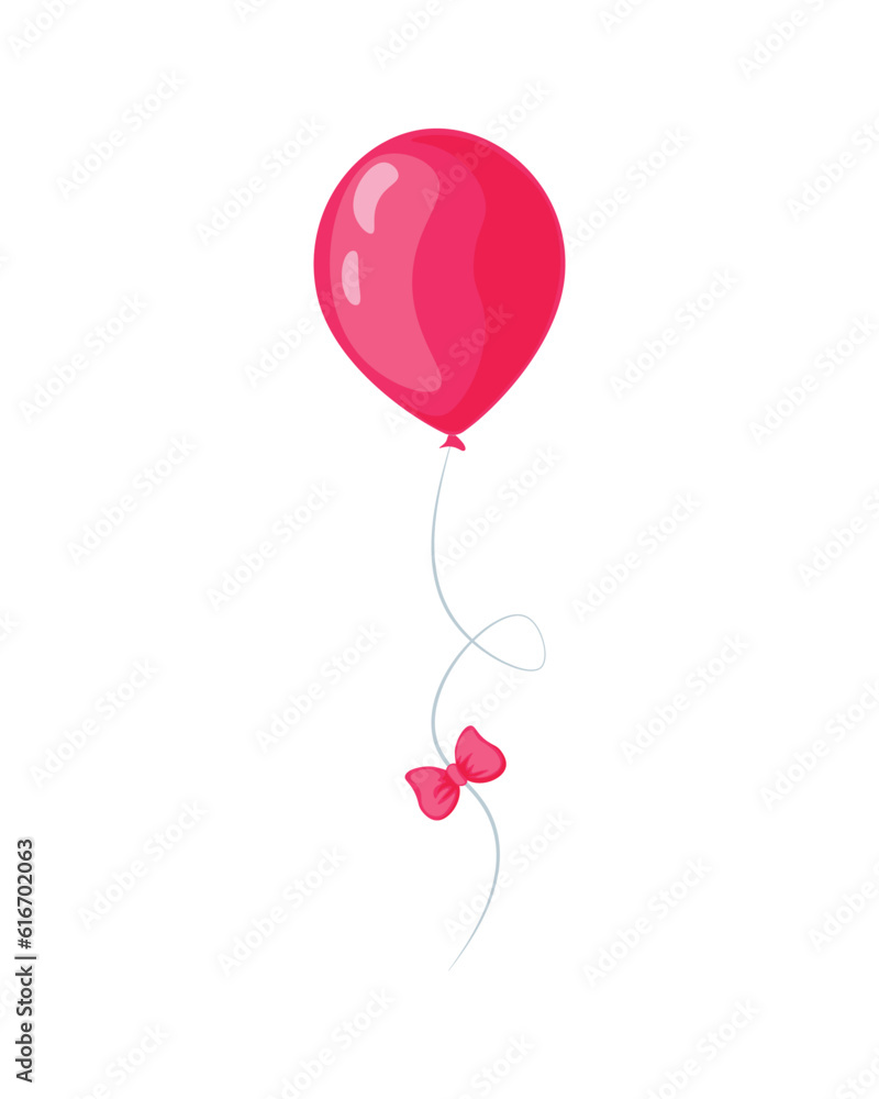 A red balloon on a rope. Cartoon red balloon with a red bow. Vector illustration isolated on a white background