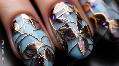 a close up of nails with gold leaves on them. Generative AI Art. photo