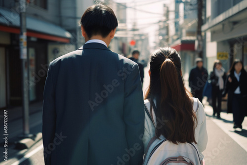 Back view of Japanese business man next to teenage school girl. 