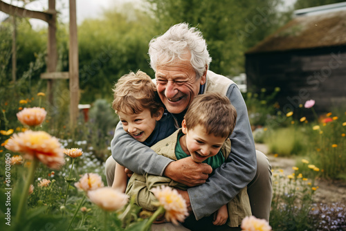 fictional elderly man playing with his grandchildren in the garden photo