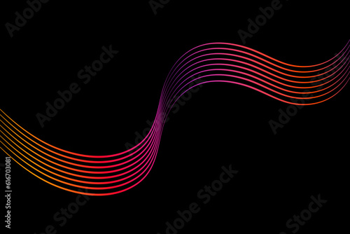 Dynamic Effect Flow Curve Wave Striped Abstract Black Background Element Vector. Twist Editable Stroke Editable Line Colorful Orange Purple Gradient Colors Wavy Waver Swirl Sound Audio Volume Design