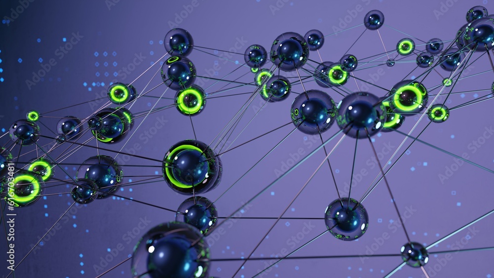 Obraz premium Close up shot of AI neural network. 3d illustration of glowing neon spheres