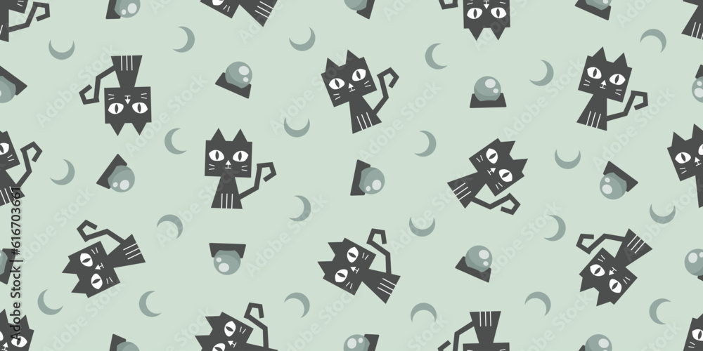 Halloween witch cat doodle pattern