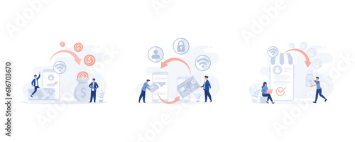 cash to electronic account on Internet to man. money transfer, Financial transactions. set flat modern vector illustration