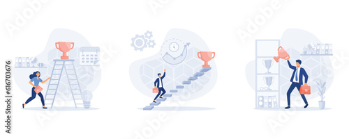 Successful businessmen holding golden trophy up. Businessman climbing ladder to golden trophy. Inspiration for success.  flat vector modern illustration