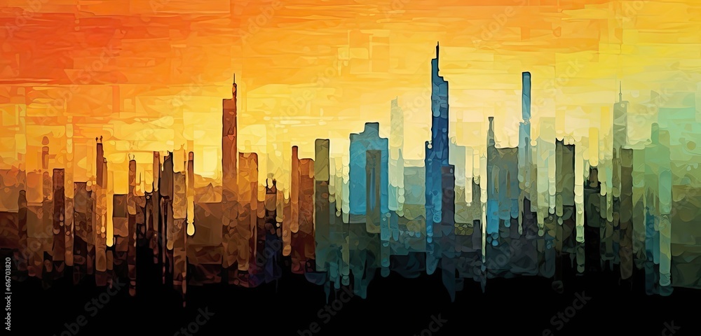 An abstract painting of a city skyline