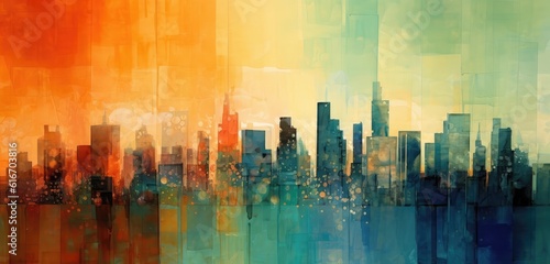 An abstract painting of a city skyline