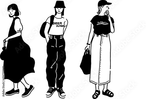 夏服のおしゃれな女性ベクター線画セット