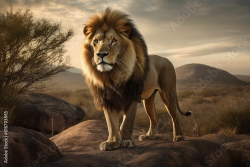 Strong and confident lion on a hill